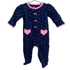Carter’s Blue PJs with Silver & Pink Hearts 100% Cotton Snap Footie PJs - 9 mons